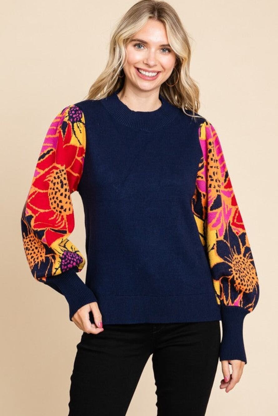 Jodiful Women’s Floral Balloon‎ Sleeve Sweater S Colorblock Navy Pink Mock Neck